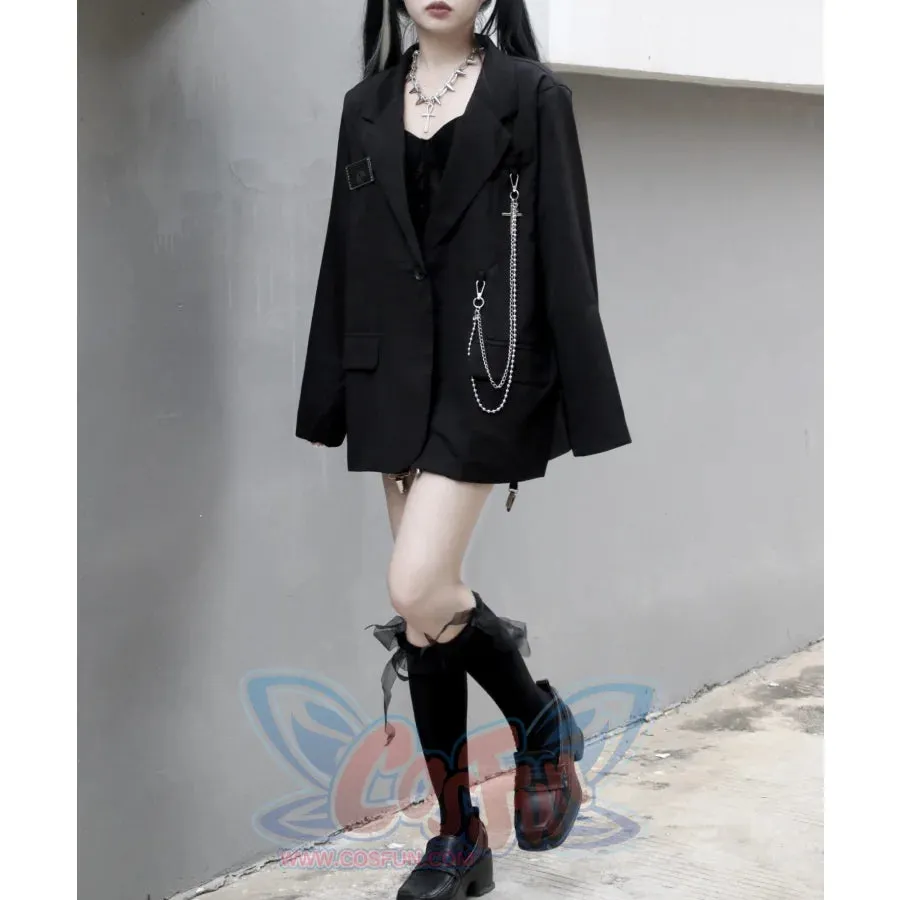 Black Suit Jacket Loose Chain Harajuku Style Casual Street Long Sleeve Suit S20624