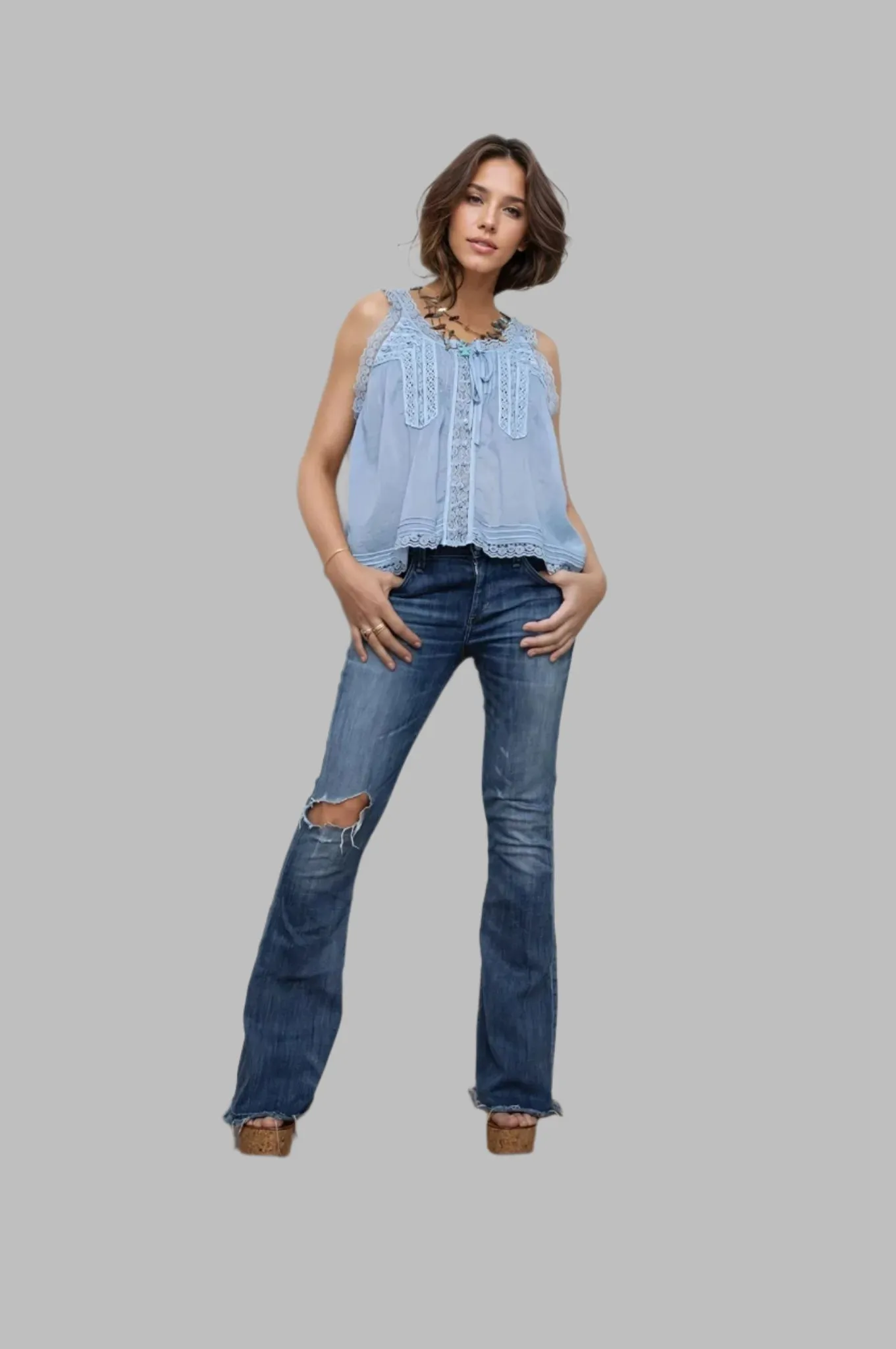 Lena Sleeveless Blouse with Lace Blue