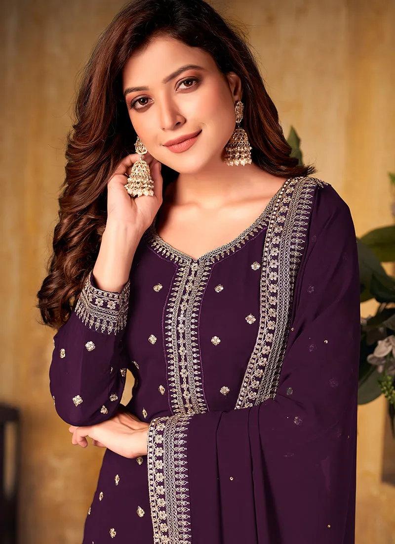 Purple Embroidered Designer Palazzo Suit