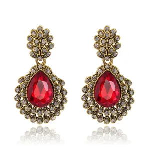 Red Crystal & Cubic Zirconia Ornate Floral Drop Earrings