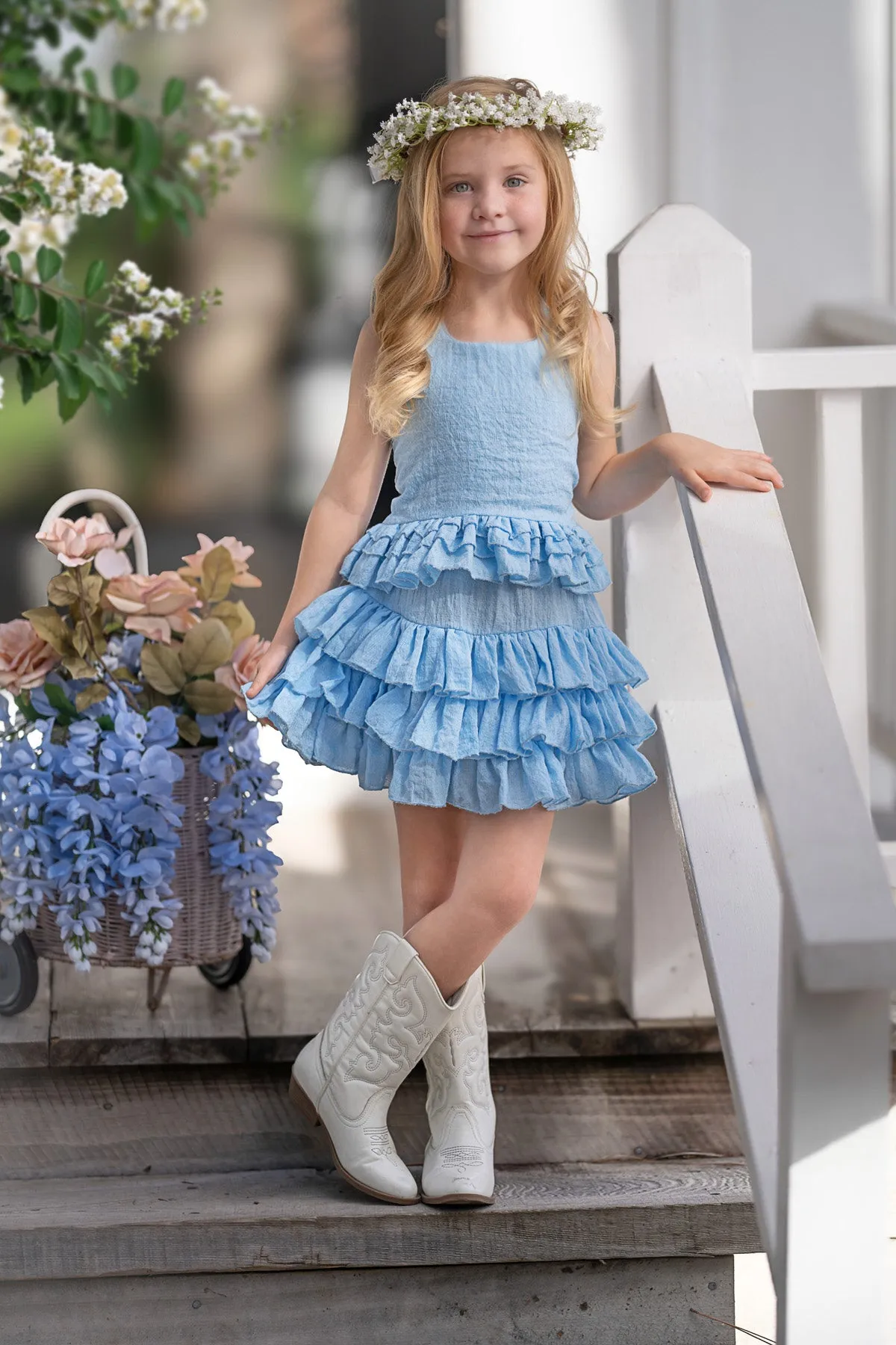 Sky Blue Linen Halter Top and Skirt Set